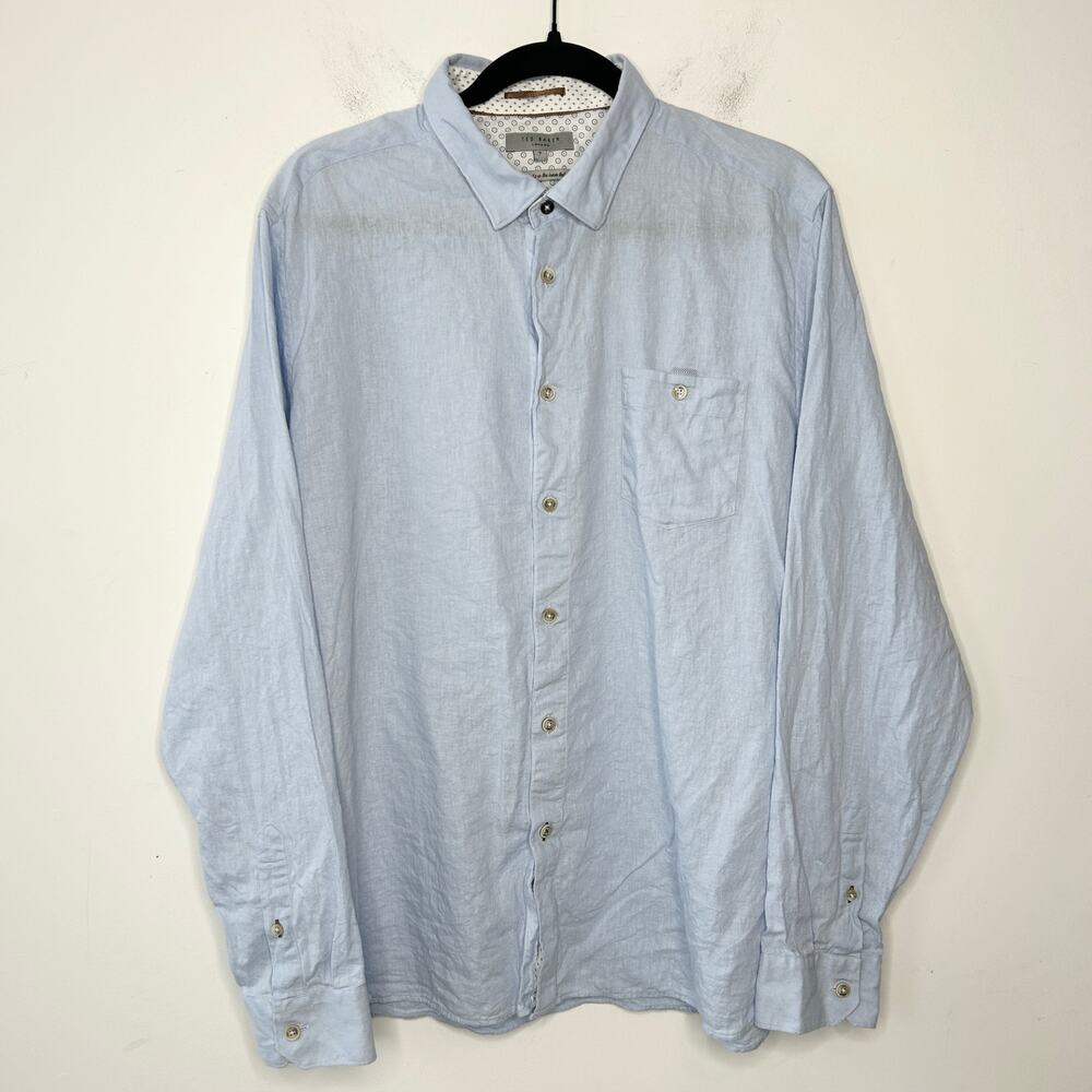 TED BAKER Button Down Shirt Mens Size 3XL Linen Blend Blue Wedding Guest Party